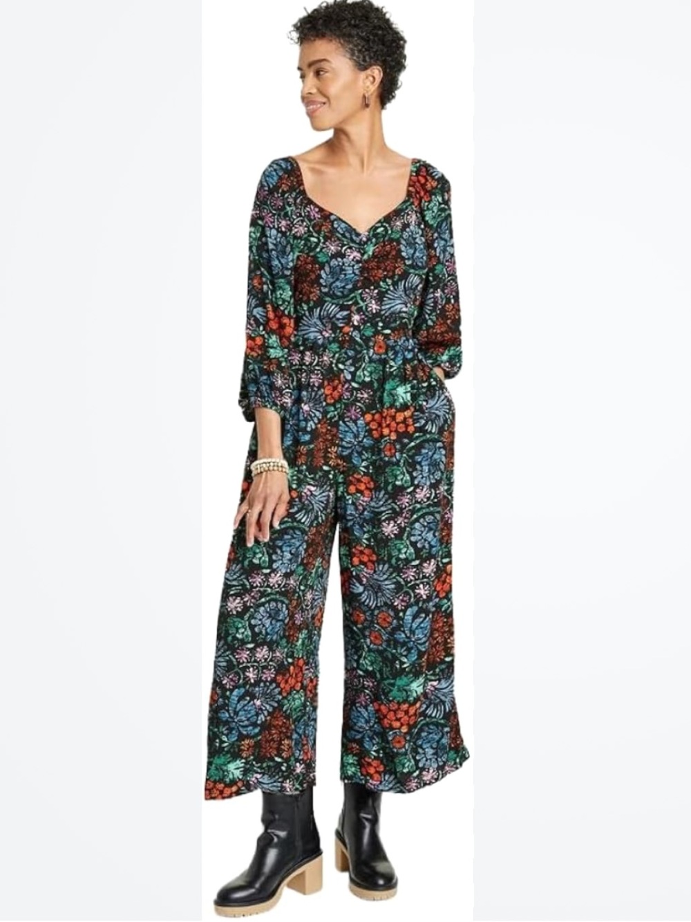 Knox Rose Black Botanical Print Boho 100% Rayon Wide-Leg Jumpsuit